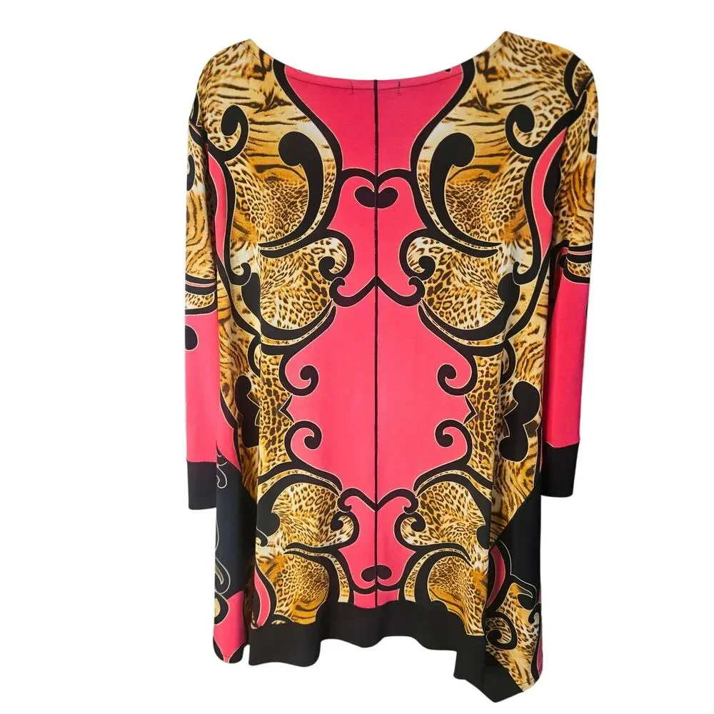 Eva Varro Trapeze Tunic Pink Black Animal Print Stretchy 3/4 Sleeves Sz M - Picture 2 of 6